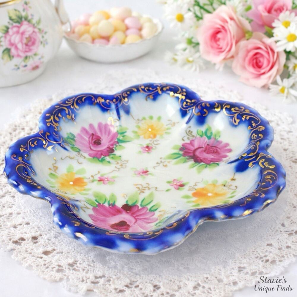 Vintage Cobalt Blue Floral Scalloped Porcelain Candy Dish Gold Trim